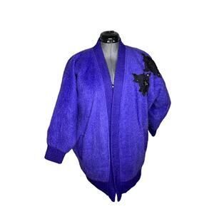 sweater coat fuzzy beaded sequin flower pocket purple